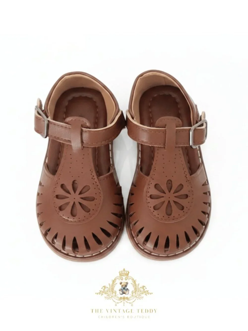 NWT Cute Girls Daisy Cutout T-Strap Sandals Children's Shoes Chocolate Brown 3.5